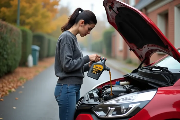 Mujer realizando un cambio de aceite del motor en una Renault Clio 3 Fase 2 roja en un camino residencial