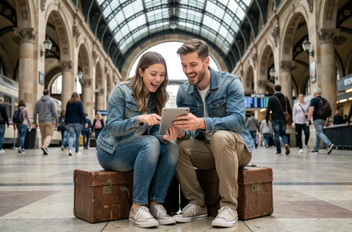 Deux voyageurs consultant un itinéraire sur tablette dans une gare historique, planifiant ensemble leur prochain voyage